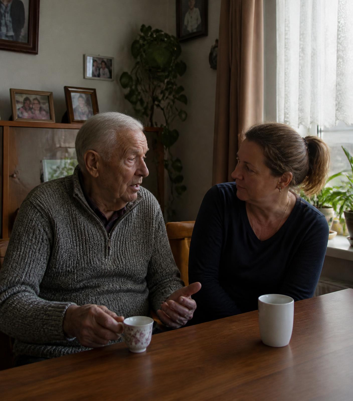 Zorgprofessional in gesprek met een oudere man in zijn eigen woonkamer